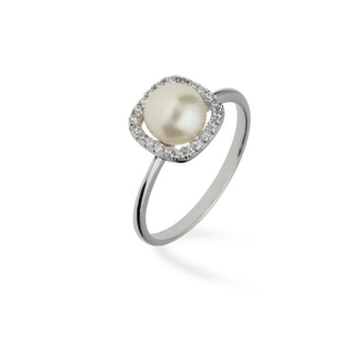 Anello Fabiani in oro bianco 9Kt con perla e zirconi - Fabiani Gioiellerie