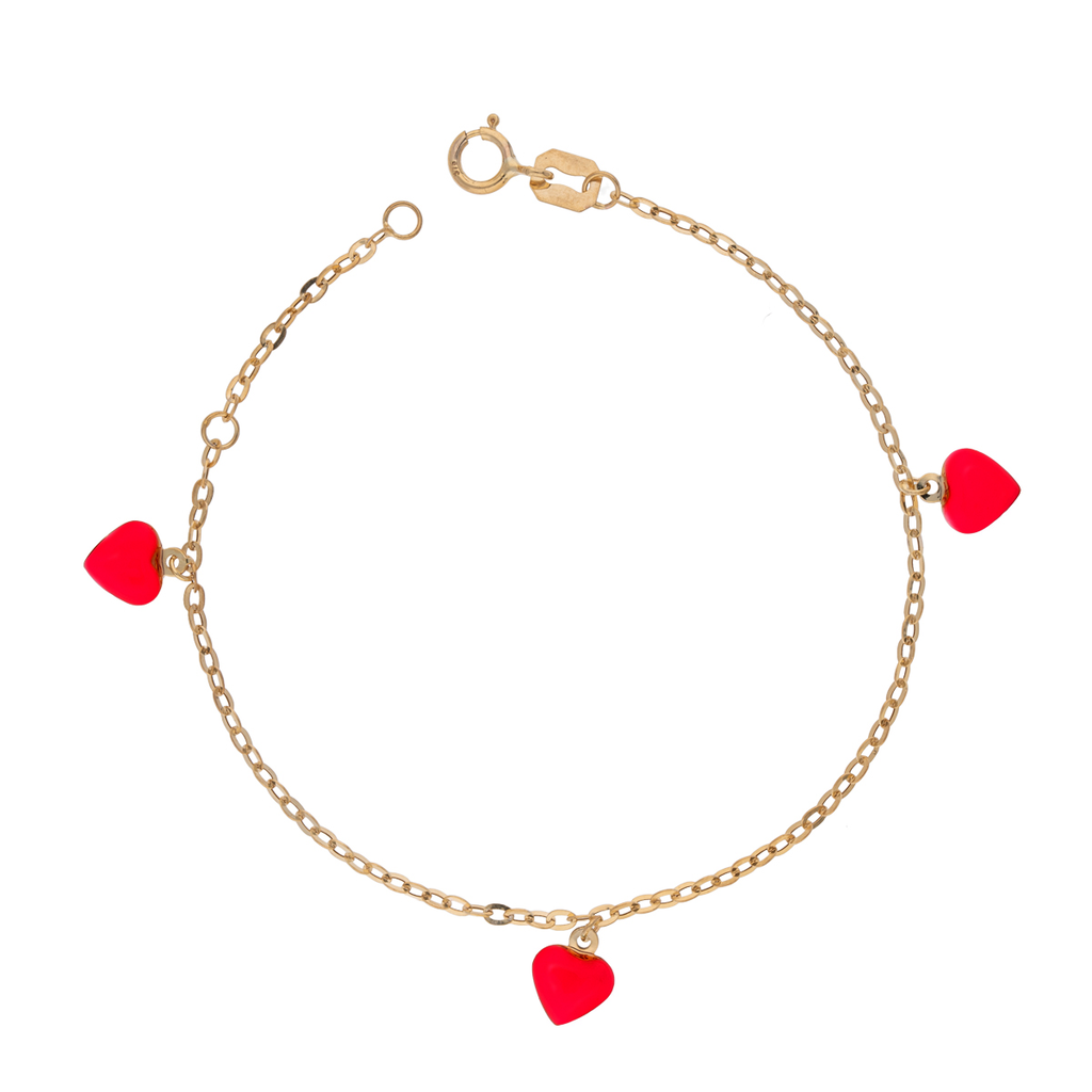 Miore Bracciale Oro Giallo 375 Per Bambini Con 3 Cuori - Lunghezza 14 Cm (12+2 Cm), Gioiello Artigianale Con Certificato