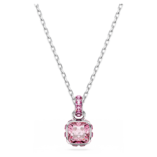 Pendente Birthstone, Taglio squadrato, Ottobre, Rosa, Placcato rodio