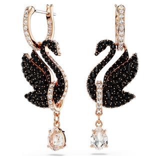 Orecchini pendenti Swan, Cigno, Neri, Placcato color oro rosa