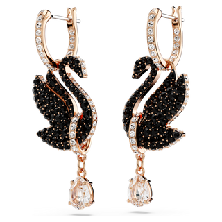 Orecchini pendenti Swan, Cigno, Neri, Placcato color oro rosa