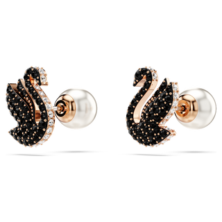 Orecchini a lobo Swan, Crystal Pearl, Cigno, Neri, Placcato color oro rosa