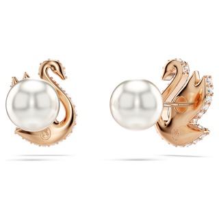 Orecchini a lobo Swan, Crystal Pearl, Cigno, Neri, Placcato color oro rosa