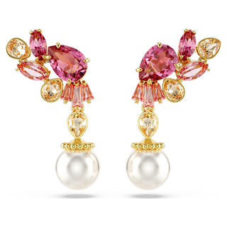 Orecchini pendenti Gema, Taglio misto, Crystal Pearl, Fiore, Rosa, Placcato color oro