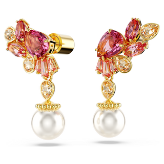 Orecchini pendenti Gema, Taglio misto, Crystal Pearl, Fiore, Rosa, Placcato color oro