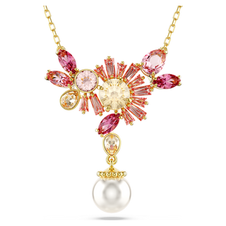 Pendente Gema, Taglio misto, Crystal Pearl, Fiore, Rosa, Placcato color oro