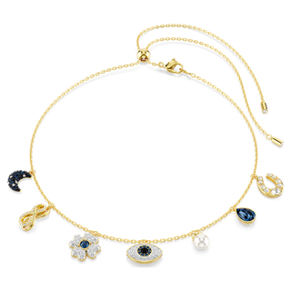 Girocollo Symbolica, Crystal Pearl, Luna, infinito, quadrifoglio, evil eye e ferro di cavallo, Blu, Placcato color oro