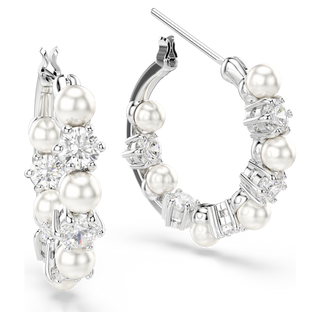 Orecchini a cerchio Matrix, Crystal Pearl, Taglio Round, Bianchi, Placcato rodio