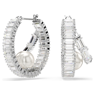 Orecchini a cerchio Ariana Grande x Swarovski, Crystal Pearl, taglio Baguette, Bianchi, Placcato rodio