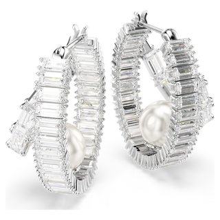 Orecchini a cerchio Ariana Grande x Swarovski, Crystal Pearl, taglio Baguette, Bianchi, Placcato rodio
