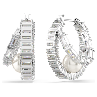 Orecchini a cerchio Ariana Grande x Swarovski, Crystal Pearl, taglio Baguette, Bianchi, Placcato rodio