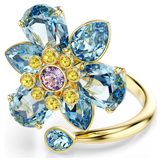 Anello aperto Idyllia, Taglio misto, Fiore, Blu, Placcato color oro