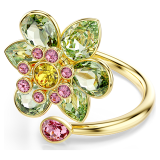 Anello aperto Idyllia, Taglio misto, Fiore, Verde, Placcato color oro