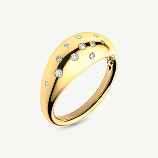 Anello a fascia in oro giallo con diamanti a baguette e smeraldi carrè Anello a fascia in oro giallo con diamanti a baguette e smeraldi carrè