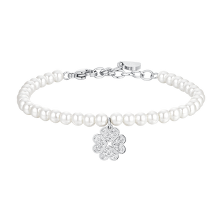 Bracciale Luca Barra in acciaio con perle e ciondolo quadrifoglio