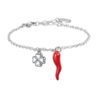 Bracciale Luca Barra in acciaio con quadrifoglio e cornetto rosso