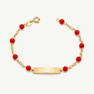 Bracciale Maglia a Lametta con Sfere in Corallo e Targhetta