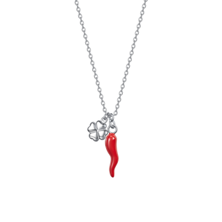 Collana Luca Barra in acciaio con quadrifoglio e cornetto rosso