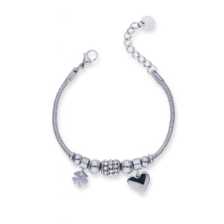Bracciale Acciaio Ciondoli Cuore e Quadrifoglio con Zirconi Meridien Jewels