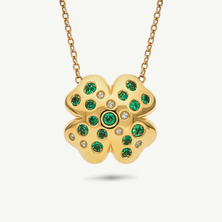 Collana Bubble a quadrifoglio in oro giallo 18Kt e smeraldi e diamanti