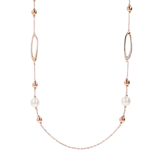 Collana Lunga Catena Rolo con Dettagli Ovali e Perle d'Acqua Dolce Bianche Ø 12 mm