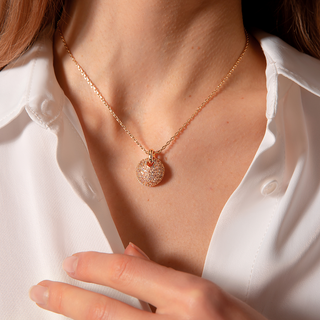 Rolo Chain Necklace with Round Perforated Pendant and Cubic Zirconia Pavé