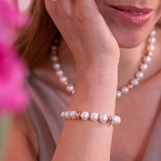 Bracciale con Rondelle ?toile e Perle Cerchiate d'Acqua Dolce Bianche ? 8.5/9.5 mm