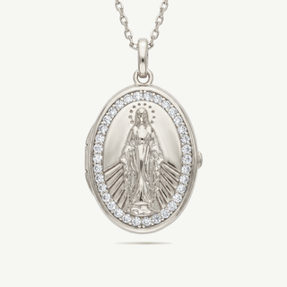 Collana Medaglione Ovale con Madonnina in Argento 925 con Zirconi – Ciondolo Portafoto
