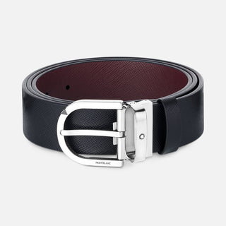 Cintura Montblanc Reversibile in Pelle Stampata Nera/Mosto da 35 mm con Fibbia a Ferro di Cavallo